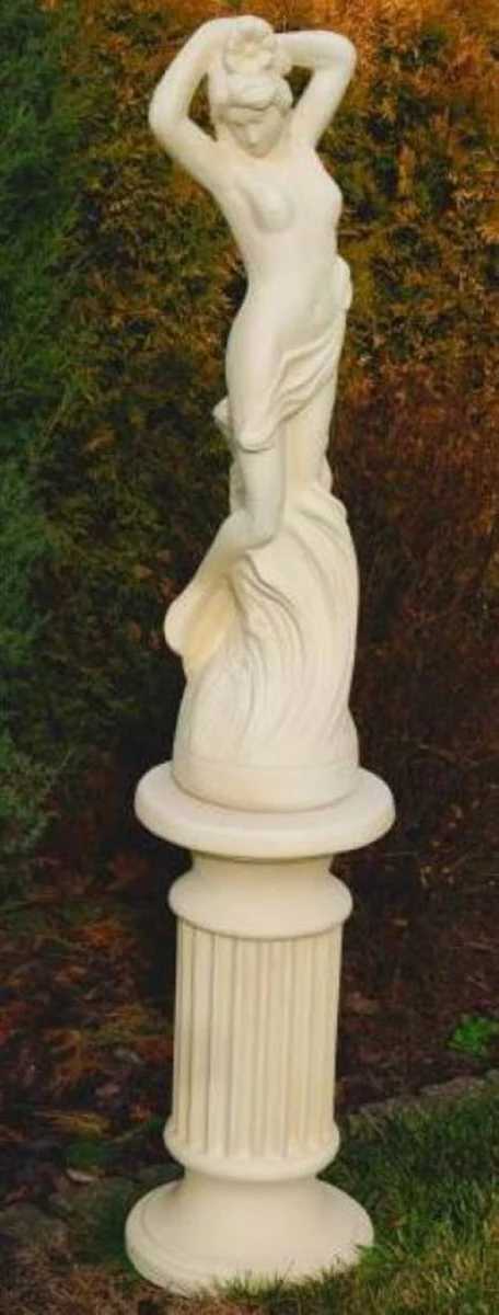 Casa Padrino escultura de jardín Art Nouveau mujer sobre pilar arena A. 161 cm - Elegante decoración de jardín figura de piedra con pilar - Decoración de Jardín Barrocos y Art Nouveau