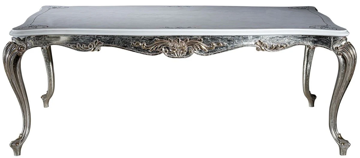 Casa Padrino mesa de comedor barroco de lujo blanco / plata / oro 207 x 112 x A. 82 cm - Mesa de comedor de madera maciza - Muebles de comedor barroco noble