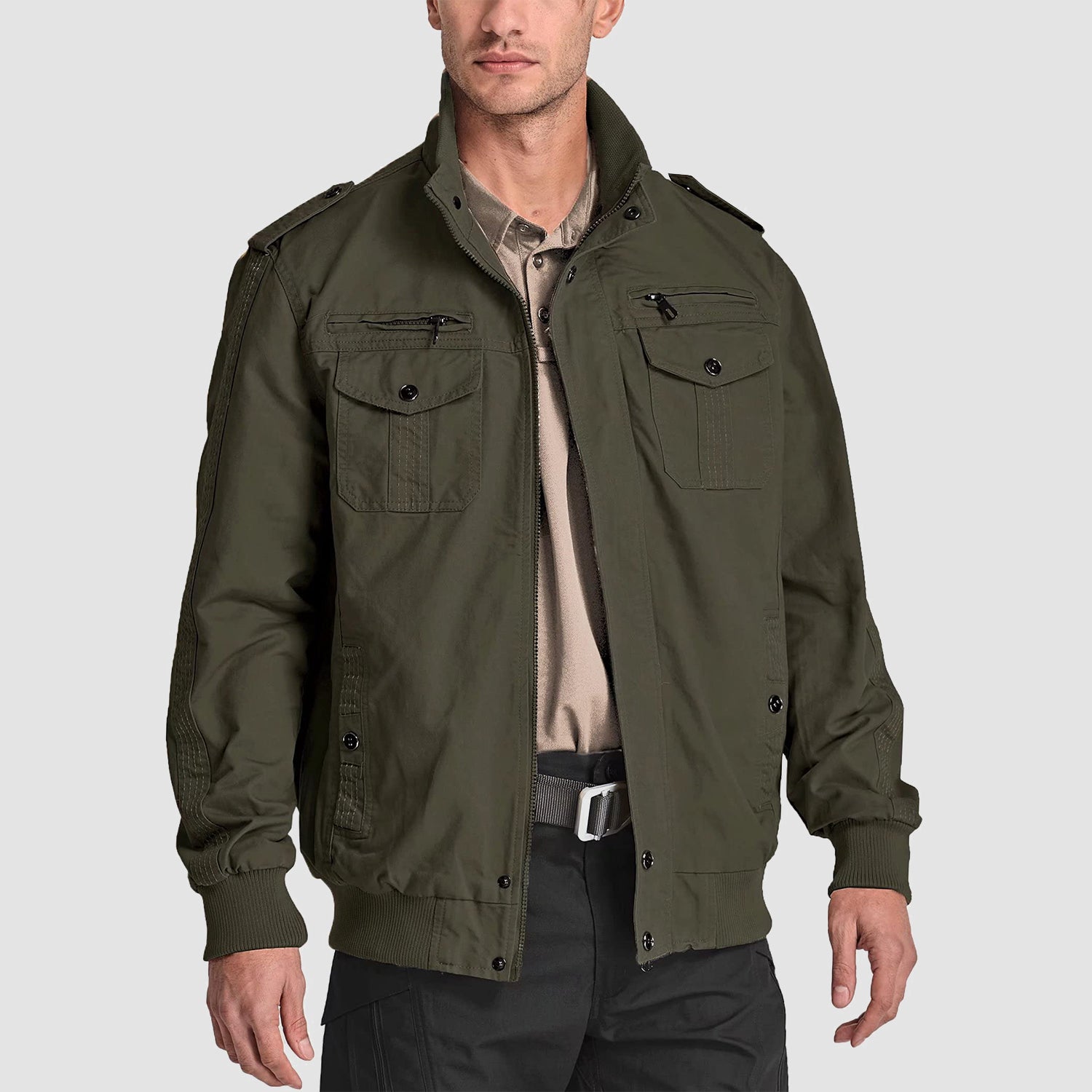 Men's Casual Jacket Lightweight Tactical Cargo Jackets Stand Collar Combat Jacket