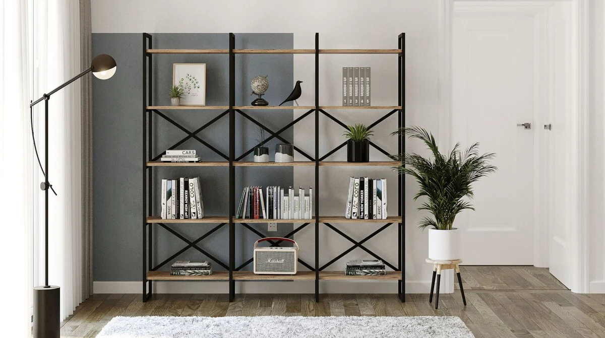 Casa Padrino armario estante de lujo con estantes de madera maciza negro / natural 170 x 30 x A. 175 cm - Armario de libros - Armario de sal¨®n - Muebles de sal¨®n - Muebles de oficina de lujo