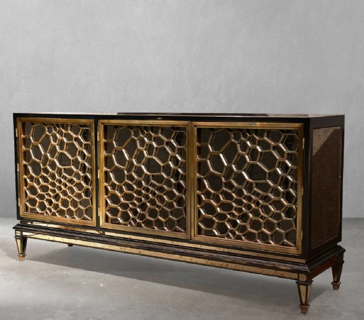 Casa Padrino aparador Art Deco de lujo negro / oro / latón 204 x 52,5 x A. 96 cm - Armario de madera maciza con espejo con 3 puertas - Muebles art deco - Muebles de lujo