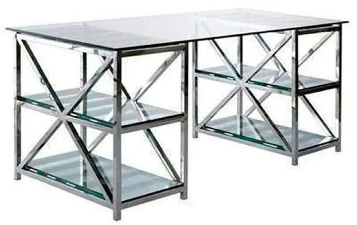 Casa Padrino escritorio de lujo plata 175 x 79 x A. 76 cm - Mesa de oficina de metal con tapa de vidrio - Mesa de ordenador - Muebles de oficina de lujo