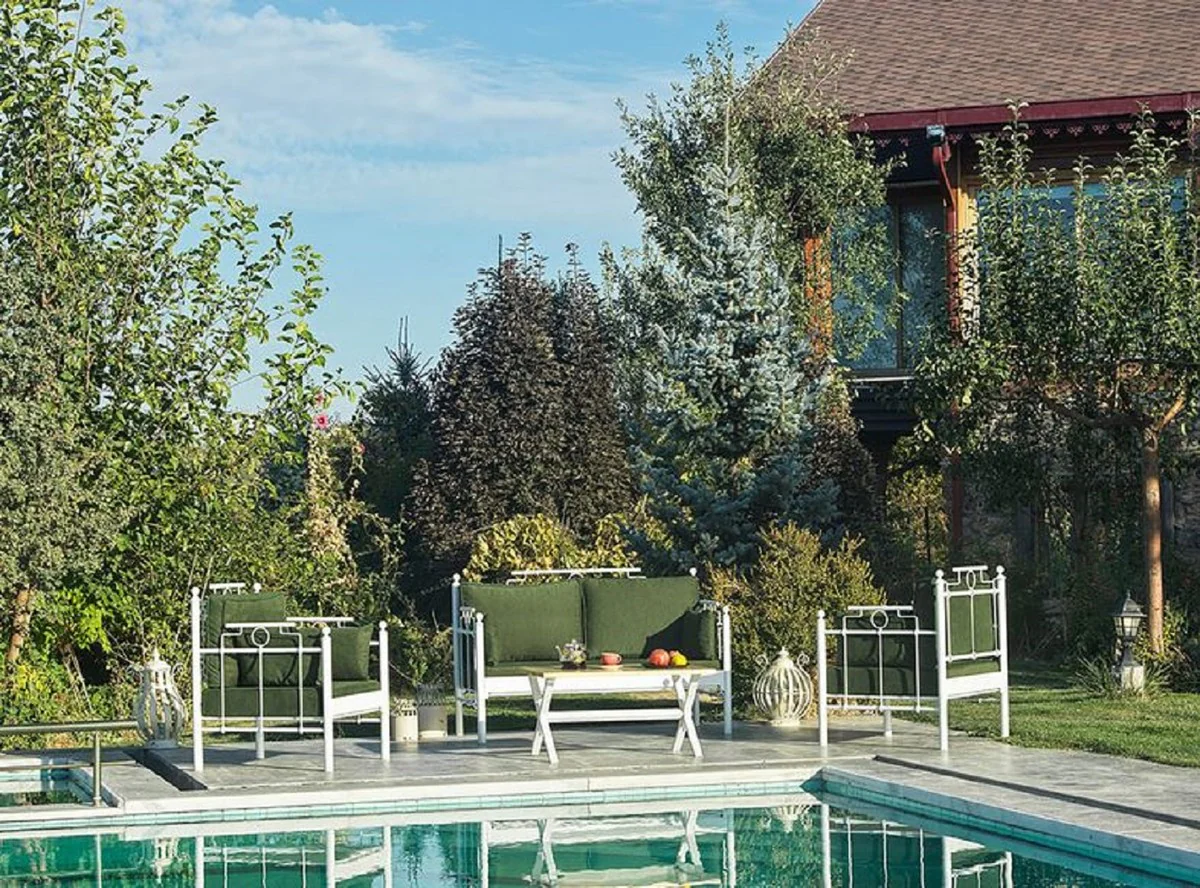 Casa Padrino Art Nouveau Conjunto de Muebles de Jardín Verde Oscuro / Blanco - 1 Sofá y 2 Sillones y 1 Mesa - Muebles de Jardín y Patio Art Nouveau