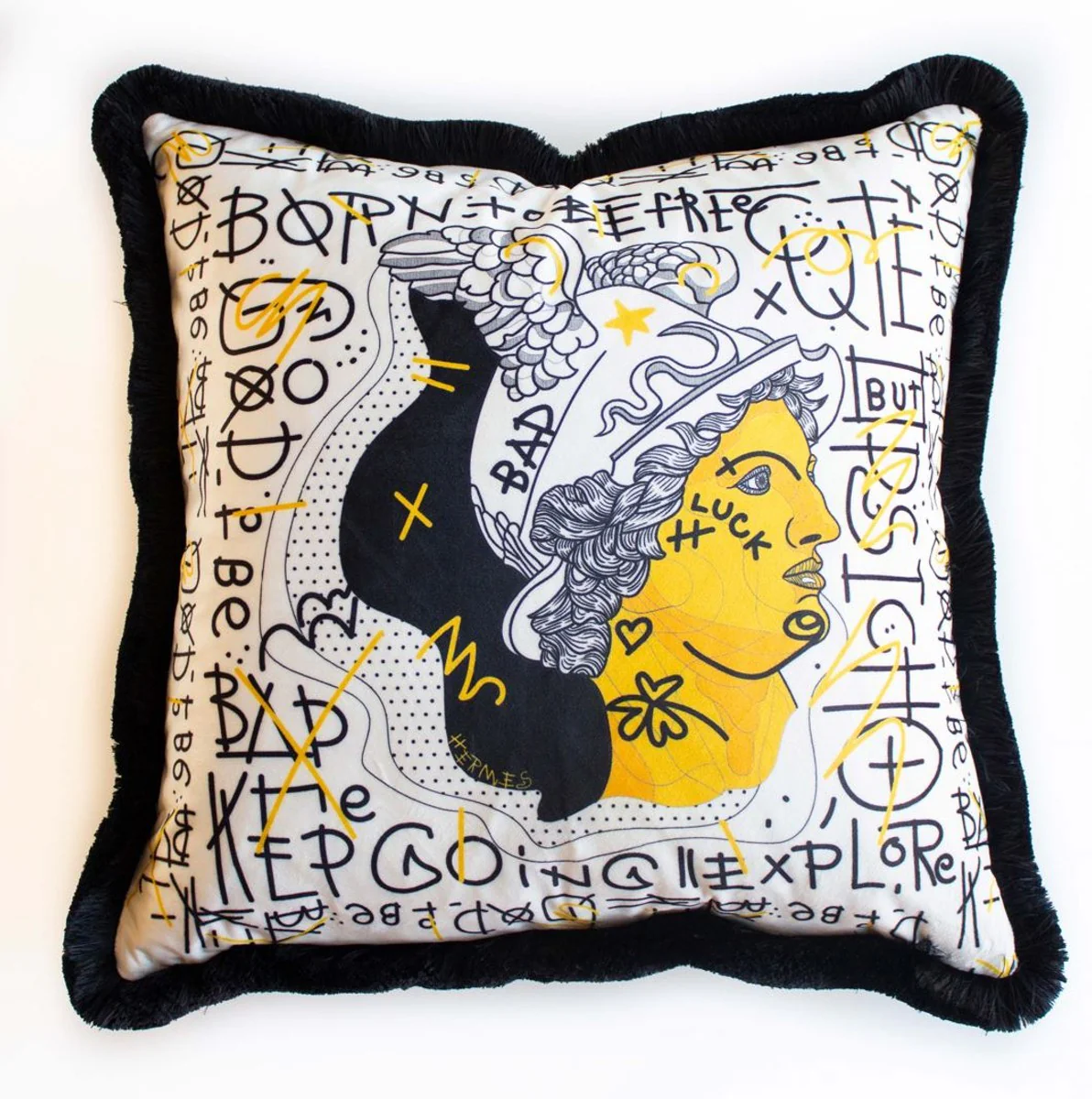 Casa Padrino cojín decorativa de lujo blanco / amarillo / negro 45 x 45 cm - Almohada de terciopelo estampado con flecos - Accesorios decorativos de lujo