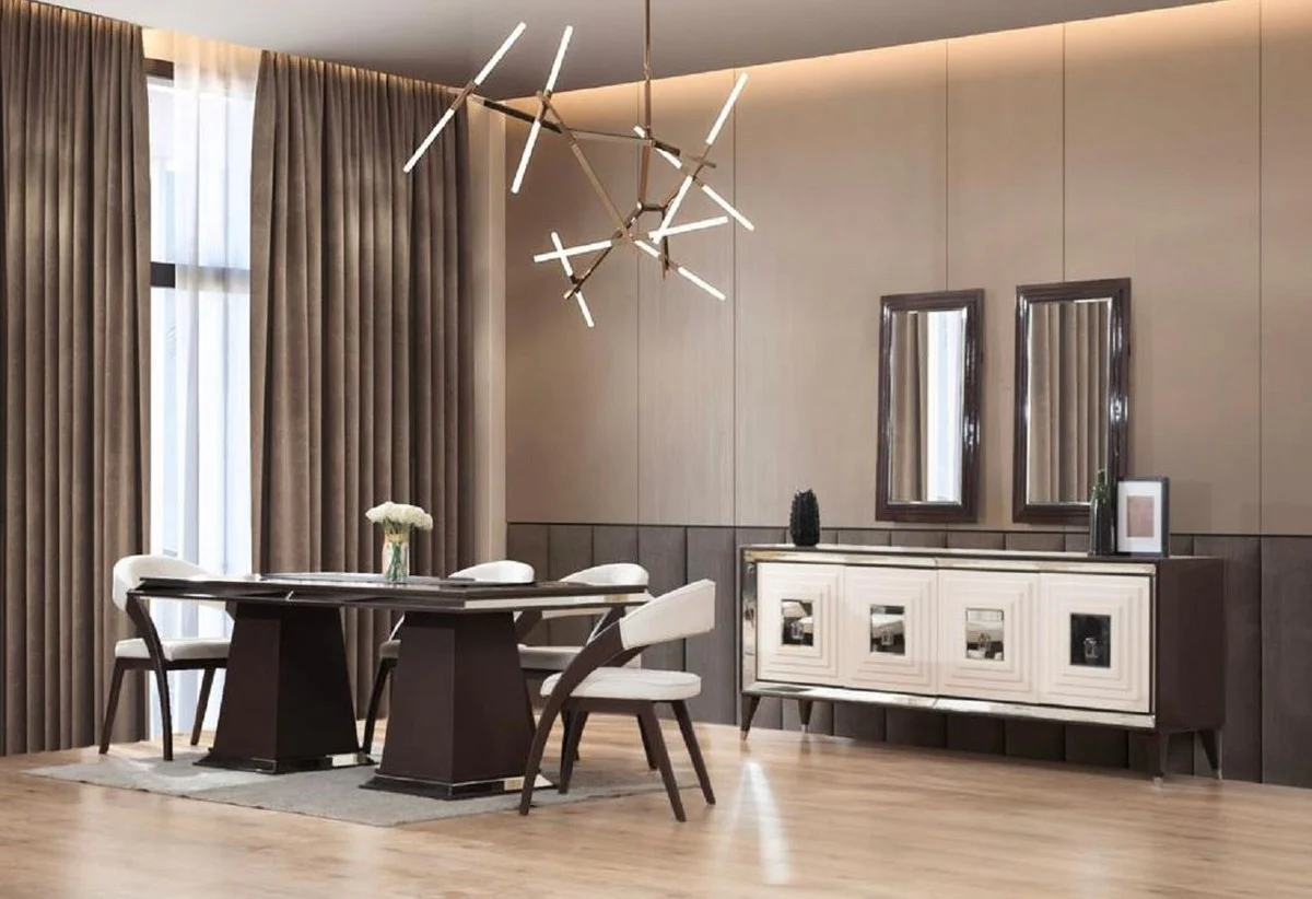 Casa Padrino conjunto de comedor Art Deco de lujo crema blanco / marr¨®n oscuro - 1 Mesa de comedor con espejo Art Deco de lujo y 6 Sillas de comedor Art Deco de lujo - Muebles de Comedor Art Deco