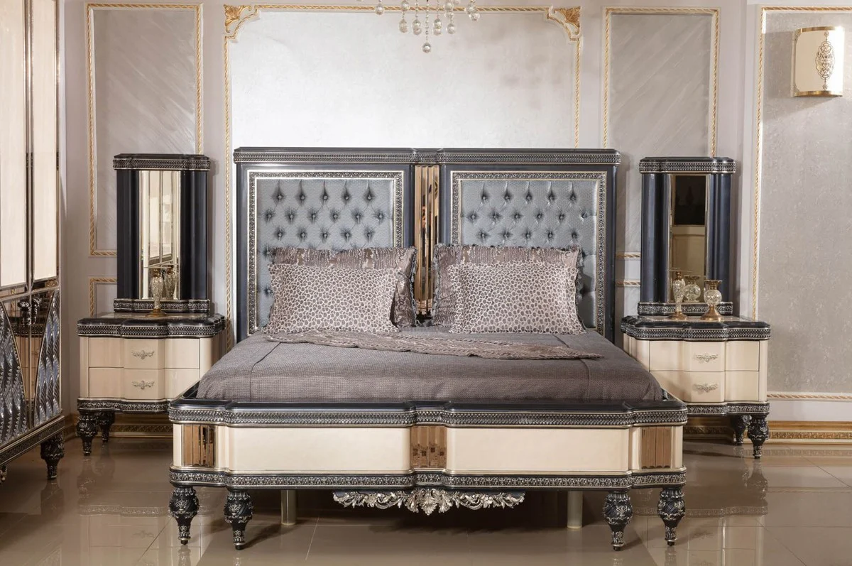 Casa Padrino cama de matrimonio barroco de lujo azul claro / beige / negro / oro - Magnífica cama de madera maciza - Muebles de dormitorio de lujo estilo barroco - Muebles de dormitorio barrocos