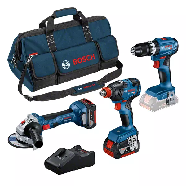 BOSCH COMBI-KIT 3 OUTILS 18V : GSB 18V-45 + GDX 18V-200 + GWS 18V-7 + 2 BATTERIES 5,0 AH + GAL 18V-40 + SAC M (C) PROFESSIONAL