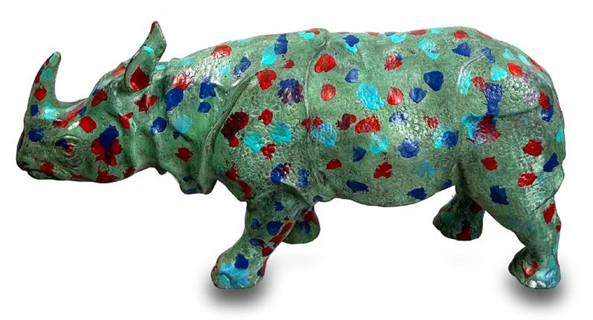 Casa Padrino Escultura Decorativa de Bronce de Diseño de Lujo Rinoceronte Verde / Multicolor 35 x 7 x A. 17 cm - Figura Decorativa de Bronce Hecha a Mano - Calidad de Lujo - Hecho en Italia