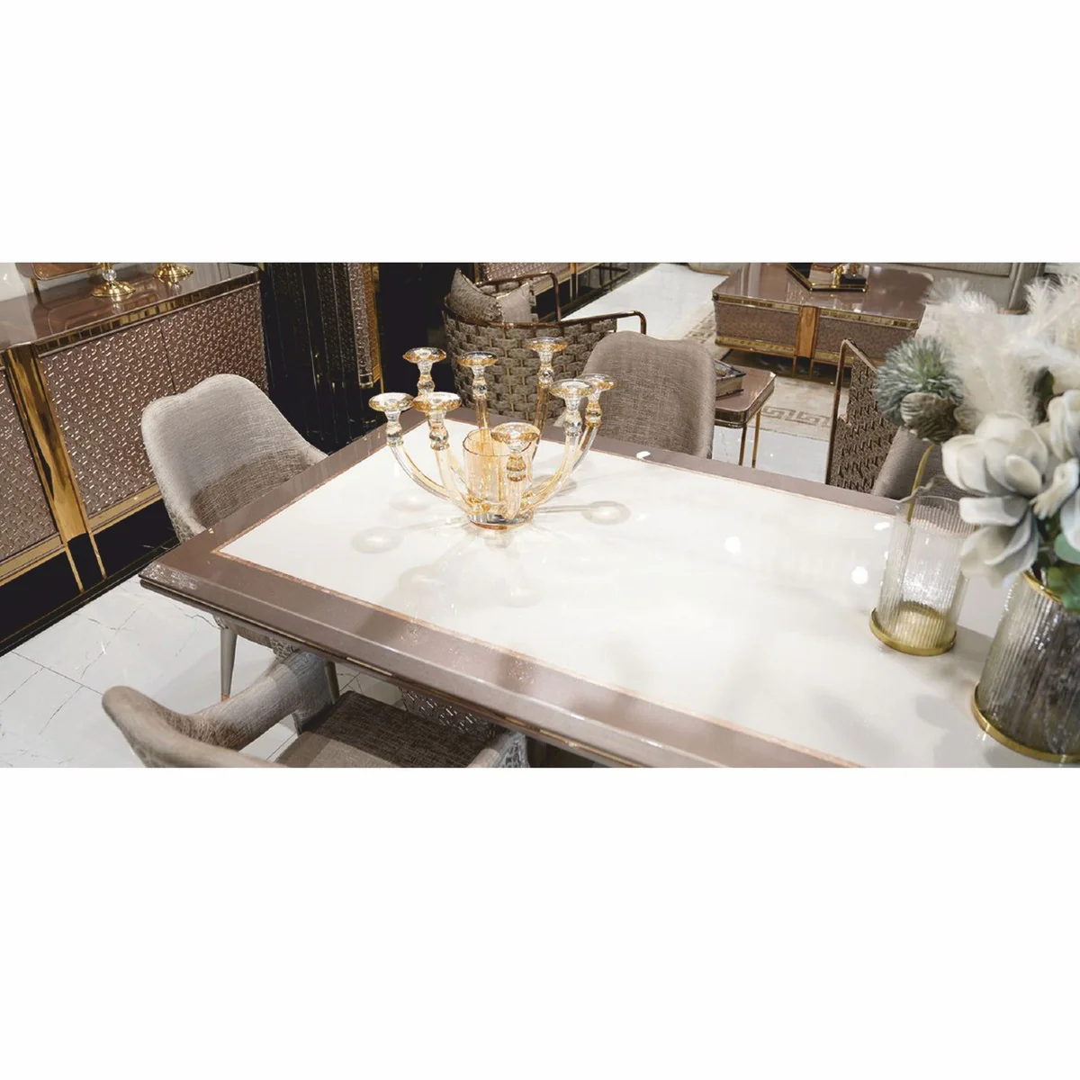 Casa Padrino mesa de comedor de lujo blanco / gris / oro 223 cm - Muebles de comedor