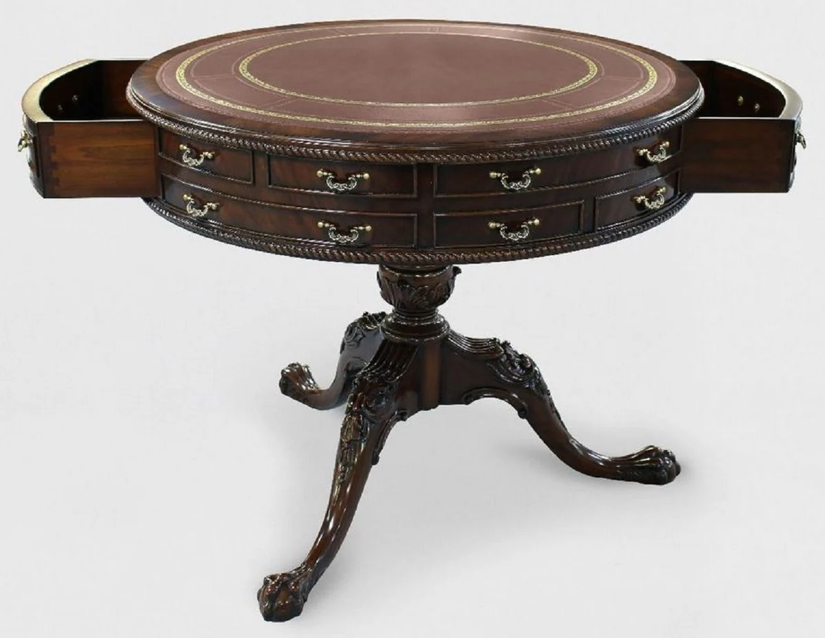 Casa Padrino mesa auxiliar barroco de lujo marr¨®n / oro ? 91 x A. 76 cm - Mesa redonda de caoba con 14 cajones y piel genuina - Muebles barrocos de caoba