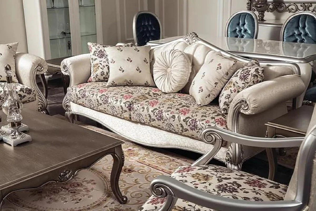 Casa Padrino sof¨¢ de sal¨®n barroco de lujo crema / beige / plata 230 x 84 x A. 99 cm - Noble sof¨¢ de sal¨®n con patr¨®n de flores y cojines decorativos - Muebles de sal¨®n barrocos