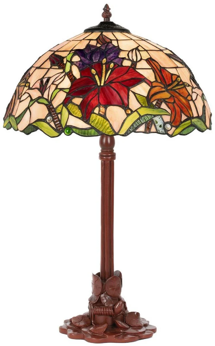 Casa Padrino lámpara de mesa Tiffany de lujo multicolor / marrón Ø 40 x A. 61 cm - Lámpara de escritorio Tiffany redonda - Interior de lujo - Luces de lujo