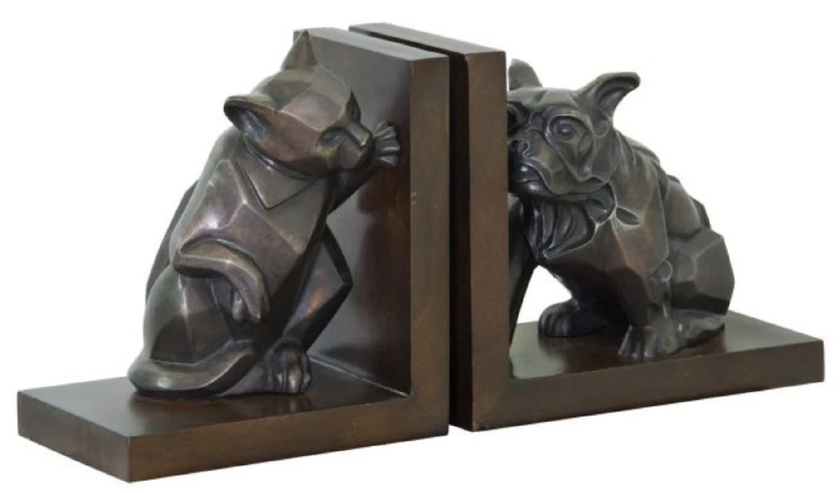 Casa Padrino conjunto de sujetalibro de lujo gato y perro bronce / marrón 18 x 18 x H. 10 cm - Figuras en Bronce Deco con Base de Madera