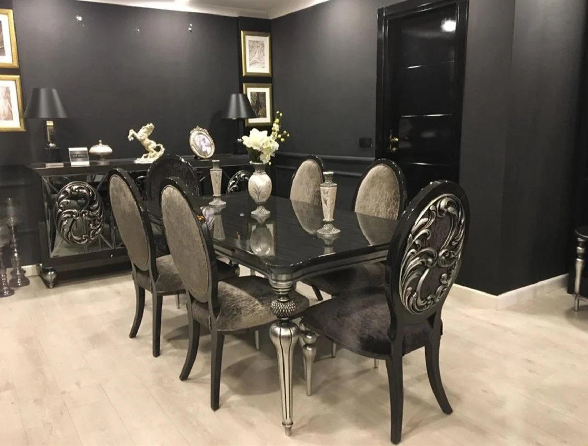 Casa Padrino conjunto de comedor barroco de lujo negro / gris / plata - 1 Mesa de Comedor y 6 Sillas de Comedor - Muebles de Comedor Barrocos - Noble y Magn¨ªfico