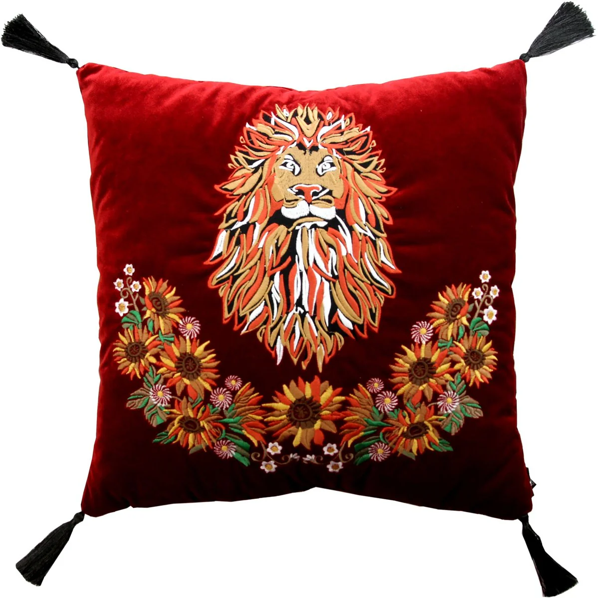 Cojín decorativo de lujo Casa Padrino con borlas Lion Bordeaux Red / Multicolor 45 x 45 cm - tejido de terciopelo más fino - calidad de lujo