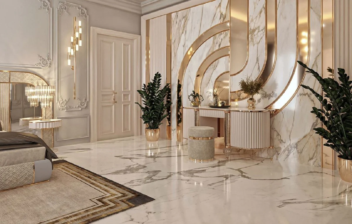 Casa Padrino taburete de lujo gris / oro ? 45 x A. 45 cm - Taburete redondo - Muebles de dormitorio - Muebles de lujo - Interiores de lujo