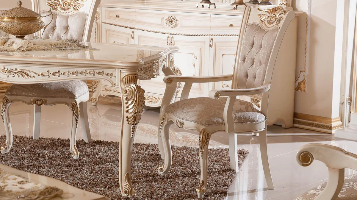 Casa Padrino conjunto de comedor barroco de lujo gris / blanco / beige / oro - 1 Mesa de Comedor Barroco y 6 Sillas de Comedor Barrocos - Muebles de comedor de lujo estilo barroco - Muebles barrocos