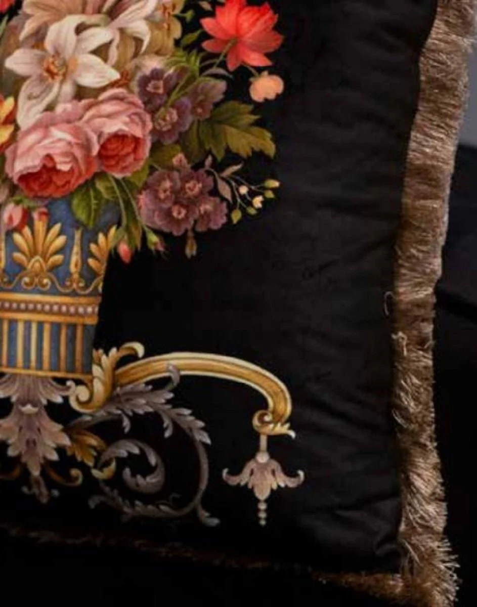 Casa Padrino almohada de terciopelo barroco de lujo jarrón con flores negro / multicolor / marrón 45 x 45 cm - Almohada decorativa estampada con flecos - Accesorios Decorativos Barrocos