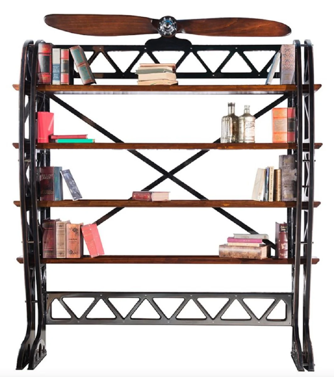 Casa Padrino armario de libros de estilo industrial de lujo plata / negro / marr¨®n 171 x 29,5 x A. 208,5 cm - Armario de metal con h¨¦lice de avi¨®n decorativa - Mueble de sal¨®n de estilo industrial