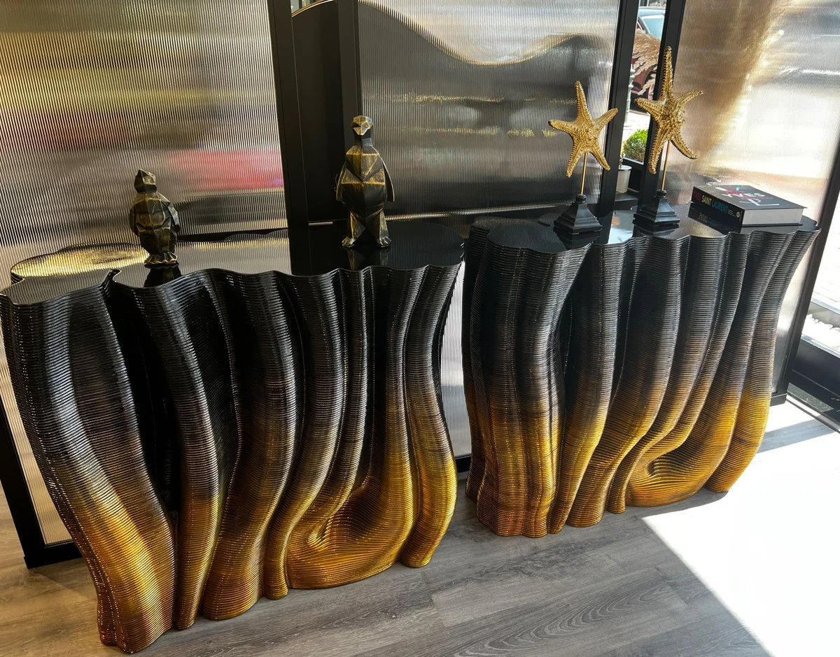 Casa Padrino consola de lujo negro / oro 90 x 36 x A. 90 cm - Mesa consola de madera maciza - Muebles de lujo - Muebles de hotel - Interiores de lujo