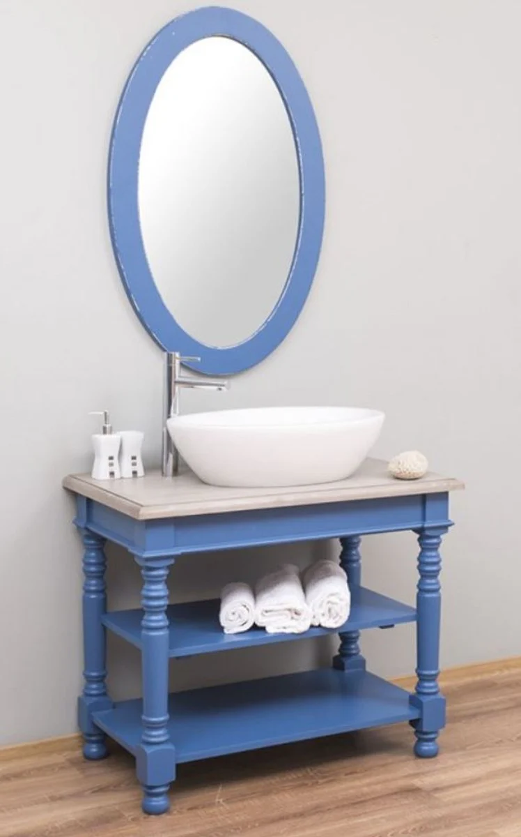 Casa Padrino Conjunto de Baño de Estilo Campestre Azul / Gris Claro - 1 Gabinete del Fregadero y 1 Espejo de Pared - Muebles de Baño de Madera Maciza en Estilo Campestre