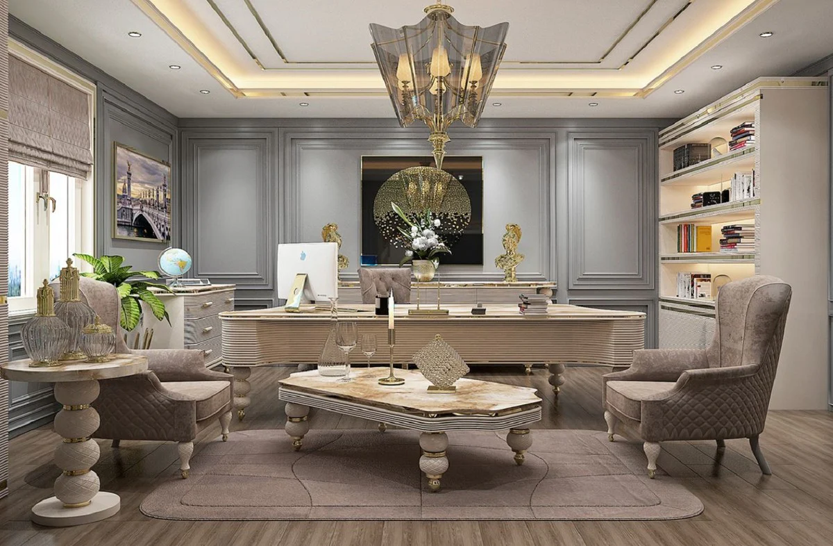 Casa Padrino mesa de centro Art Deco de lujo blanco / beige / gris / oro - Mesa de sal¨®n con tapa de m¨¢rmol artificial - Muebles de Sal¨®n y Hotel Art Deco - Colecci¨®n de Lujo