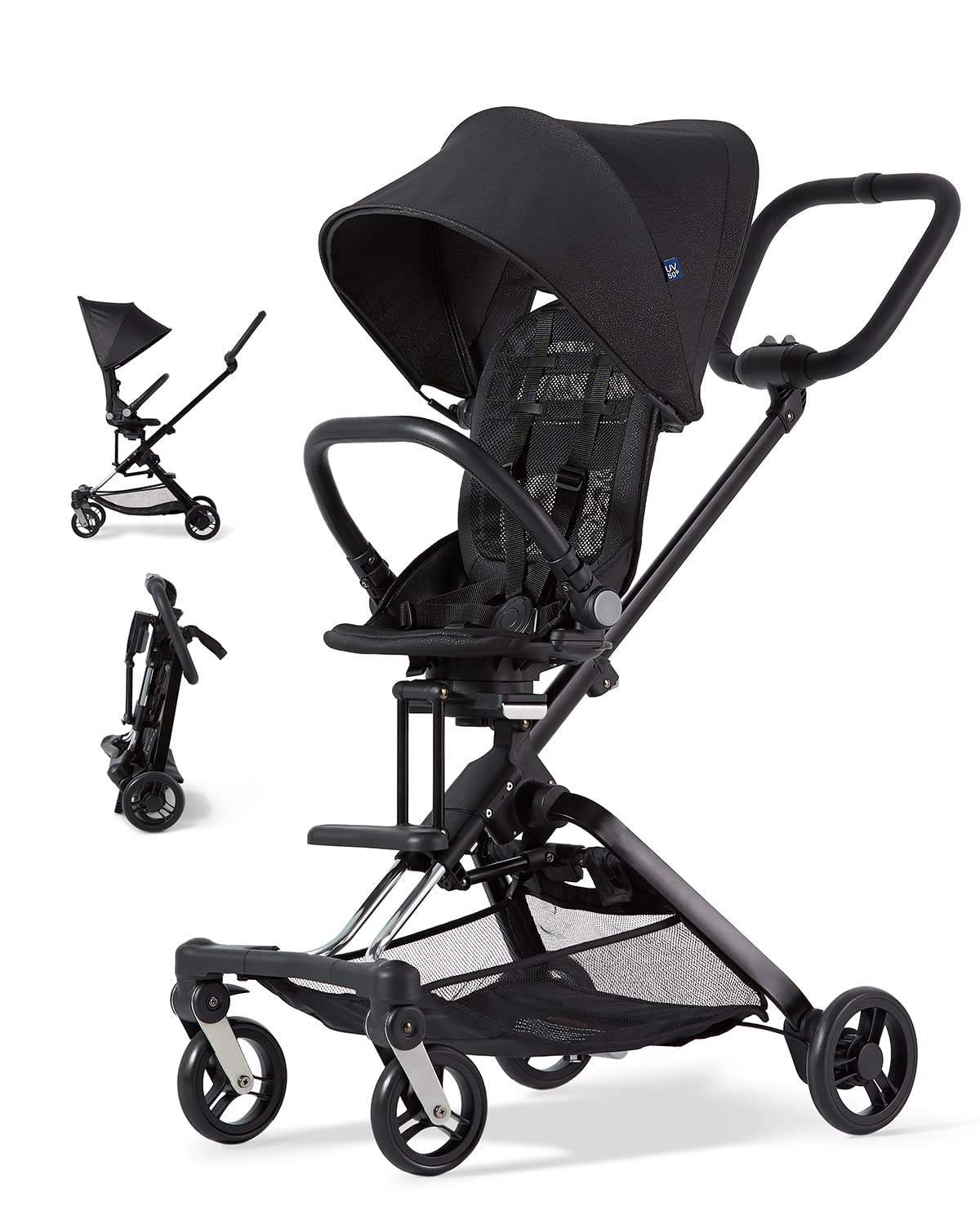 Unilove On The Go 3-in-1 Lightweight Travel Stroller with Reversible Toddler Seat - Travel Stroller for Toddlers Aged 1-3 - Compact Baby Stroller for Travel - Foldable, Sturdy, Safe - Midnight Black