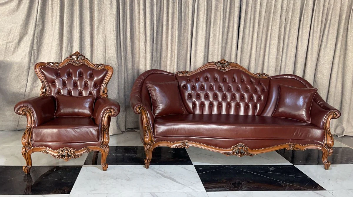 Casa Padrino sof¨¢ de cuero barroco de lujo marr¨®n oscuro / marr¨®n - Sof¨¢ de cuero genuino de la sala de estar con cojines decorativas - Muebles de sala de estar de lujo en estilo barroco