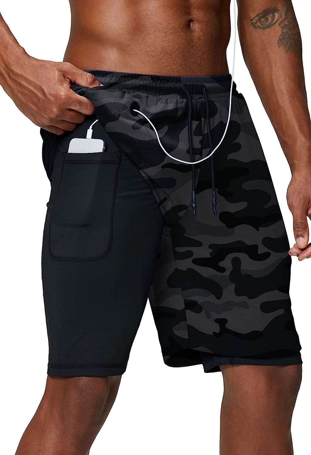 Men's 2 in 1 Running Shorts Gym Workout Quick Dry Mens Shorts with Phone Pocket