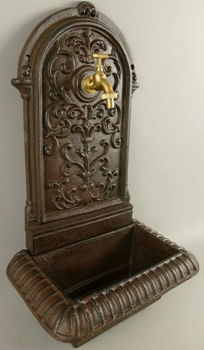 Casa Padrino fuente de pared Art Nouveau marrón rústico 36 x 24 x A. 65 cm - Fuente de decoración de jardín nostálgica con grifo - Accesorios de Jardín