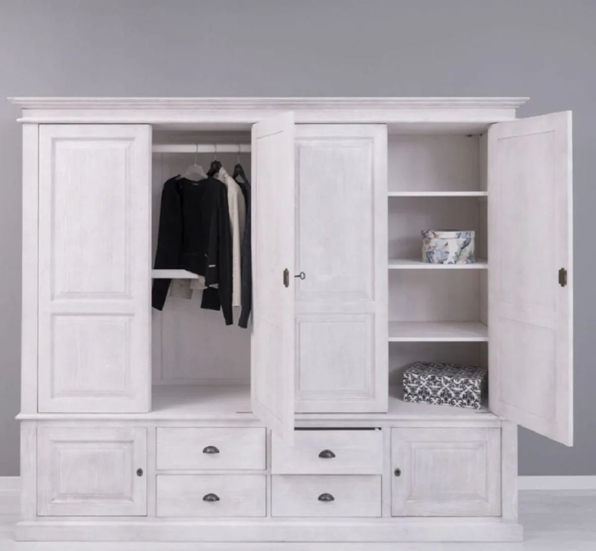 Casa Padrino armario de dormitorio de estilo campestre gris claro 232 x 59 x A. 197 cm - Armario de madera maciza con 6 puertas y 4 cajones - Muebles de dormitorio de madera maciza estilo campestre