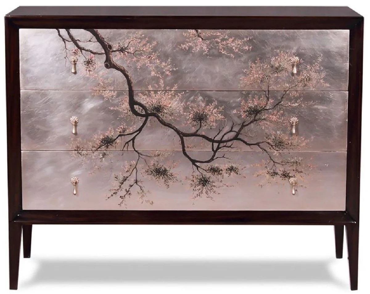 Casa Padrino cómoda Art Deco de lujo marrón oscuro / multicolor 120 x 49 x A. 94 cm - Noble cómoda de caoba con 3 cajones y elegante diseño japonés - Muebles de Lujo