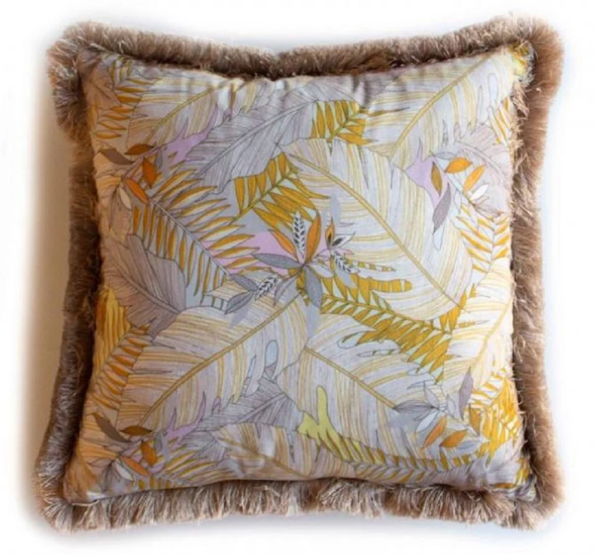 Casa Padrino almohada decorativa de lujo diseño hojas multicolor / marrón 45 x 45 cm - Almohada de terciopelo estampada con flecos - Accesorios Decorativos