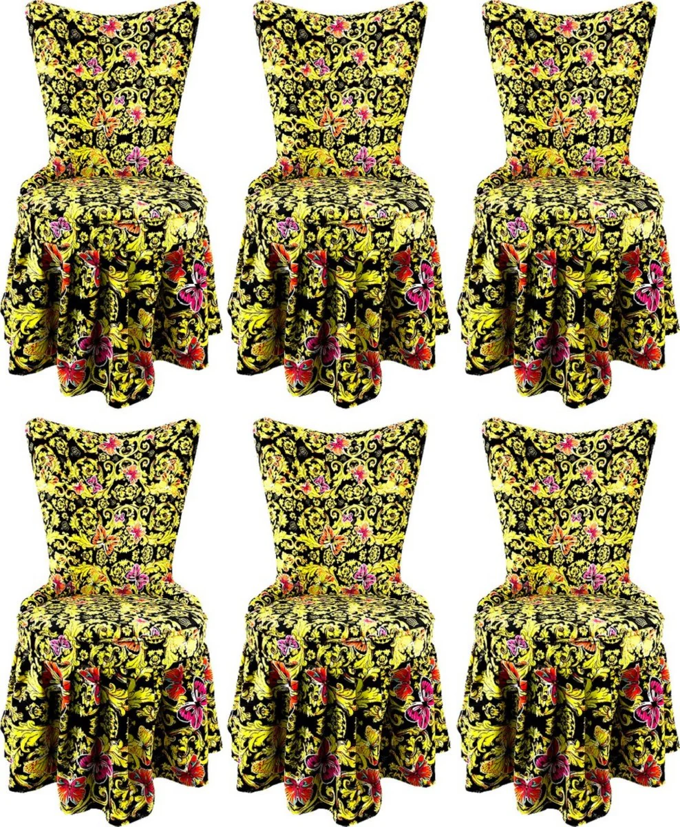 Pomp??s by Casa Padrino Sillas de Comedor de Castillo Barroco de Lujo Mariposas y Flores Multicolor / Negro / Oro - Sillas Barroco de Pomp??s Dise?adas por Harald Gl??ckler - 6 Sillas de Comedor