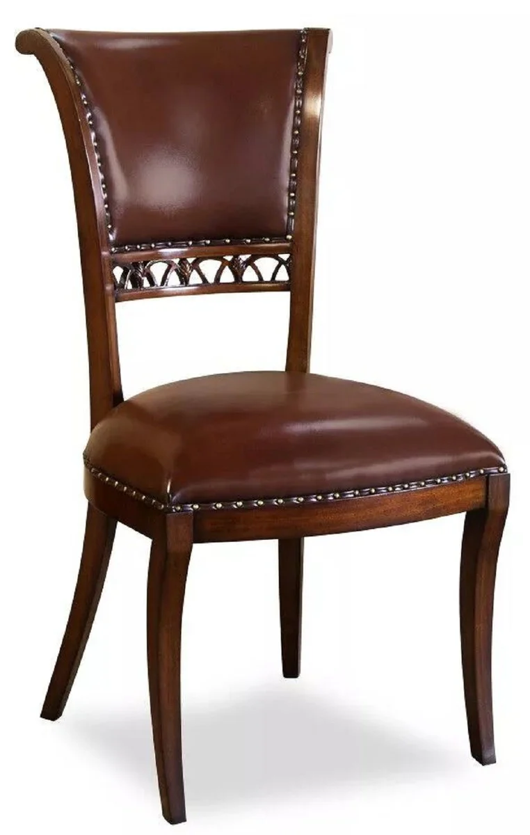 Casa Padrino silla de comedor de cuero Art Deco de lujo marr¨®n oscuro - Silla de cocina de madera maciza con cuero genuino - Muebles de comedor de cuero - Muebles Art D¨¦co