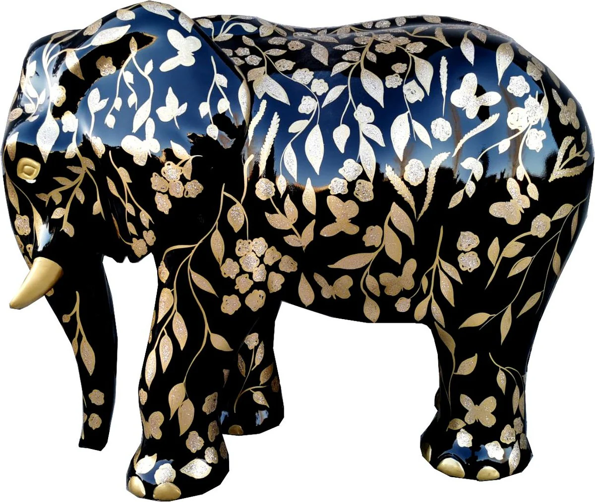 Casa Padrino escultura decorativa de diseño elefante con óptica purpurina negro / oro 90 x A. 70 cm - Figura de decoración de jardín resistente a la intemperie - Accesorios Decorativos