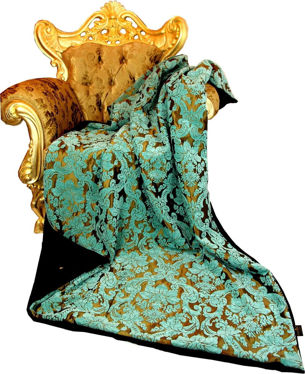 Manta de lujo Pomp??s de Casa Padrino barroco turquesa / oro / negro de Harald Gl??ckler con un noble tejido de patr¨®n de ramo