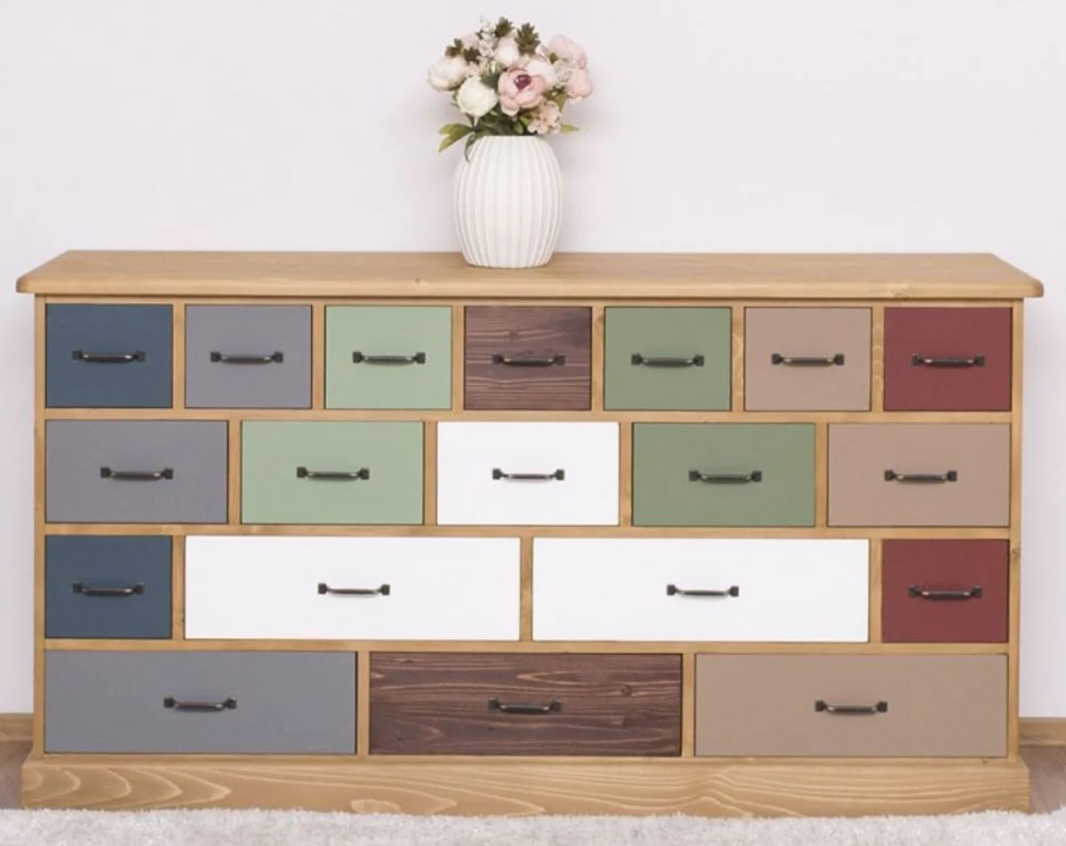 Casa Padrino cómoda de estilo campestre marrón claro / multicolor 180 x 48 x A. 95 cm - Armario de madera maciza con 19 cajones - Muebles de estilo campestre