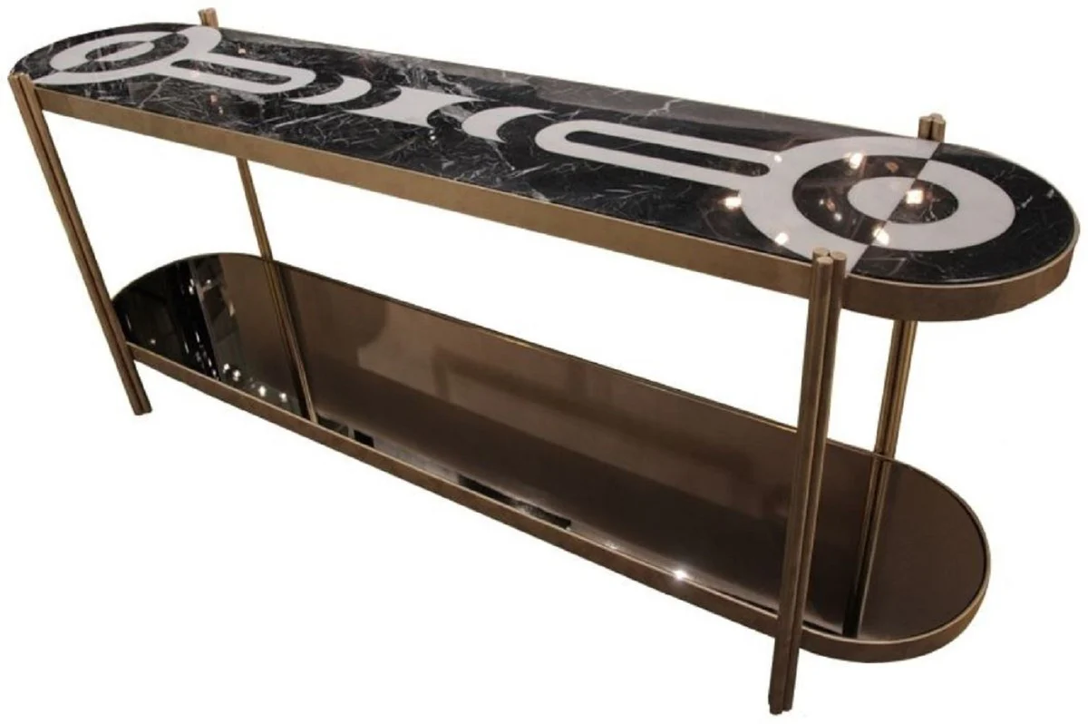 Casa Padrino consola de lujo lat¨®n / negro / blanco 220 x 45 x A. 85 cm - Consola con tablero de m¨¢rmol y estante de vidrio - Muebles de Hotel - Calidad de Lujo