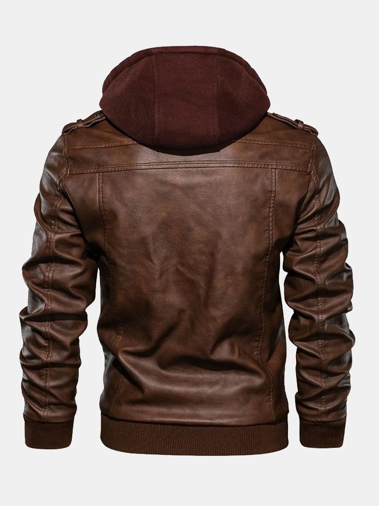 Detachable Hooded Zip Up PU Leather Jacket