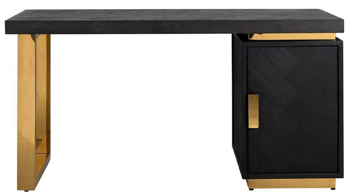 Casa Padrino escritorio de madera maciza de lujo negro / oro 150 x 70 x A. 77 cm - Mesa de Oficina - Mesa de Ordenador - Muebles de Oficina de Lujo