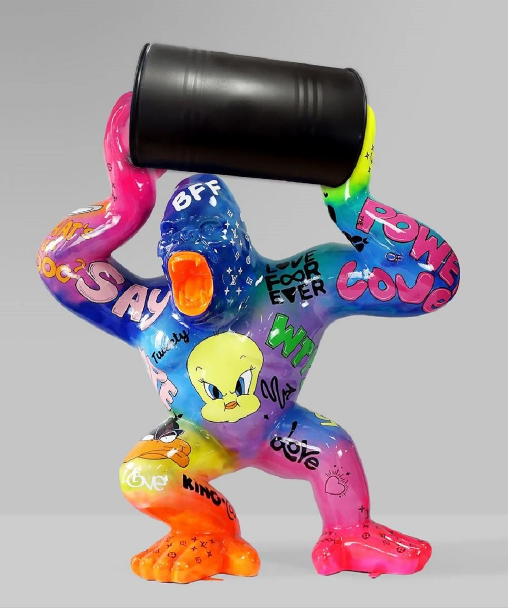 Casa Padrino escultura decorativa de lujo mono gorila con barril multicolor / negro A. 140 cm - Figura decorativa grande XXL - Escultura decorativa XXL - Esculturas y figuras decorativas XXL