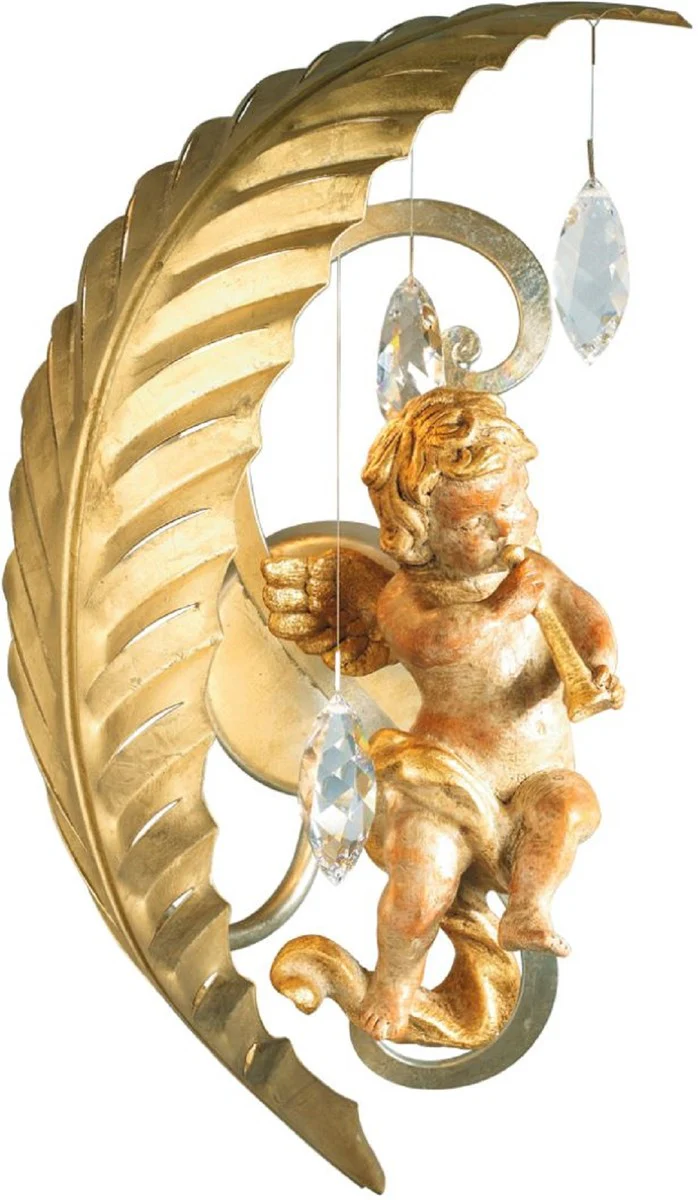 Casa Padrino lámpara de pared LED Art Nouveau de lujo ángel oro 18 x 17 x A. 35 cm - Elegante aplique de metal con cristal Swarovski - Apliques Barrocos y Art Nouveau