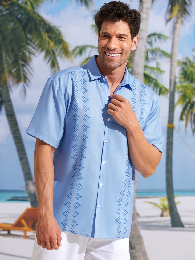 Stripe Plant Flower Short Sleeve Casual Shirt