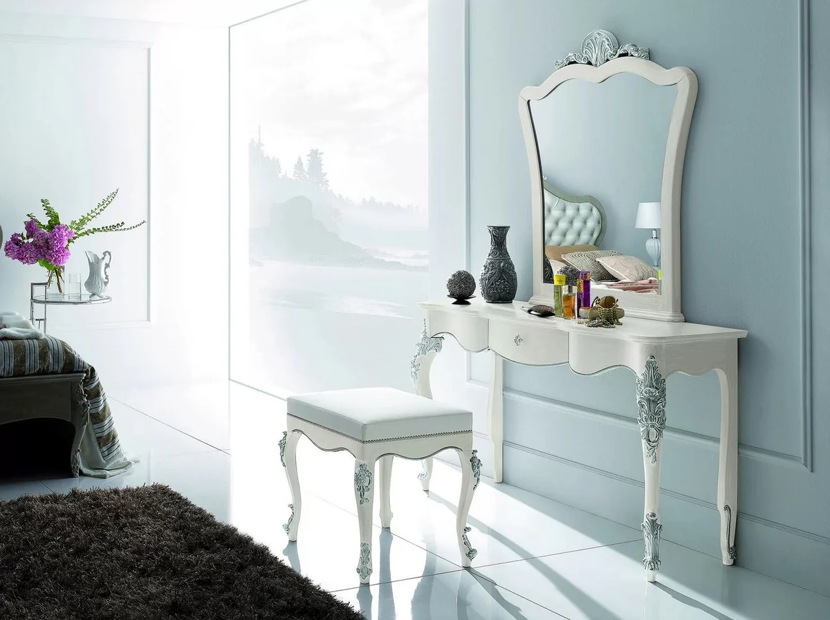 Casa Padrino Conjunto de Dormitorio Barroco de Lujo - 1 Consola de Maquillaje Barroco y 1 Espejo de Pared Barroco y 1 Taburete Barroco - Muebles de Dormitorio - Calidad de Lujo - Hecho en Italia