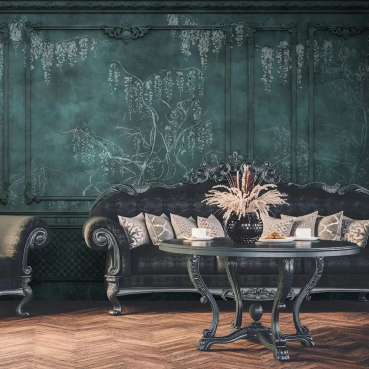 Casa Padrino papel pintado no tejido barroco de lujo verde antiguo / blanco - Papel pintado de salón de estilo barroco con patrón estuco elegante - Decoración de salón barroco