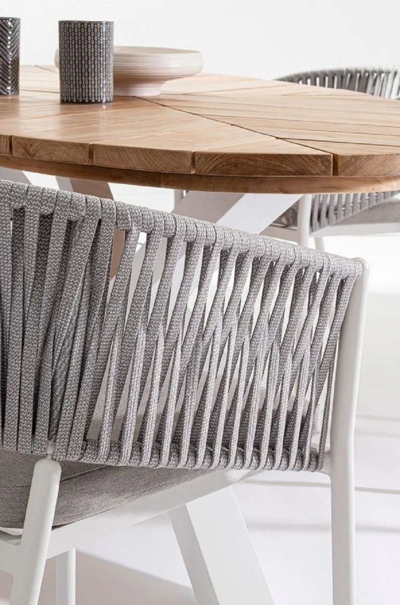 Casa Padrino mesa de jardín de lujo natural / blanco 240 x 110 x A. 77 cm - Mesa de comedor ovalada con tablero de teca - Mesa de jardín y terraza - Muebles de jardín y terraza de lujo