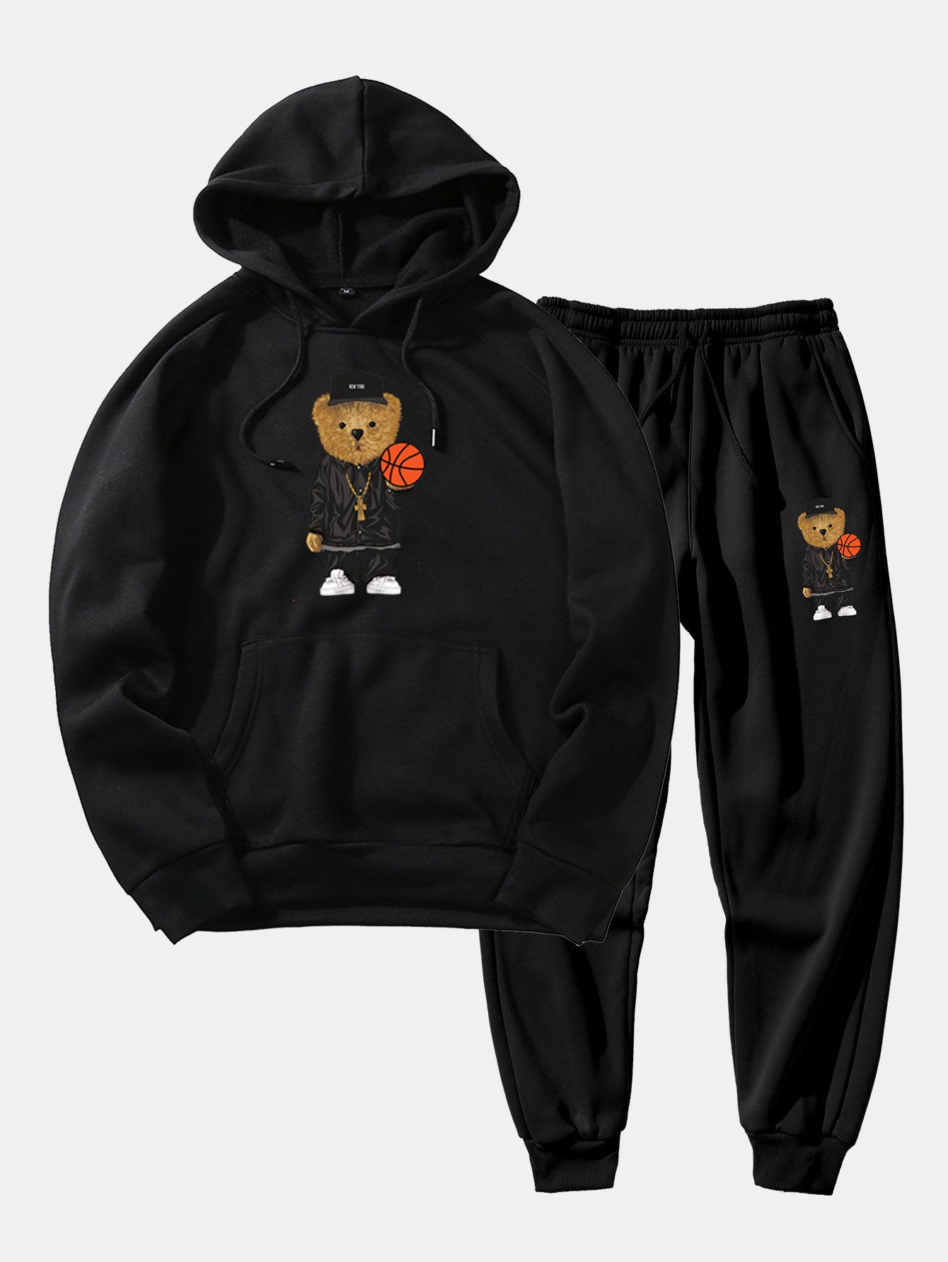 Basketball Bear Print Hoodie & Jogger Pants