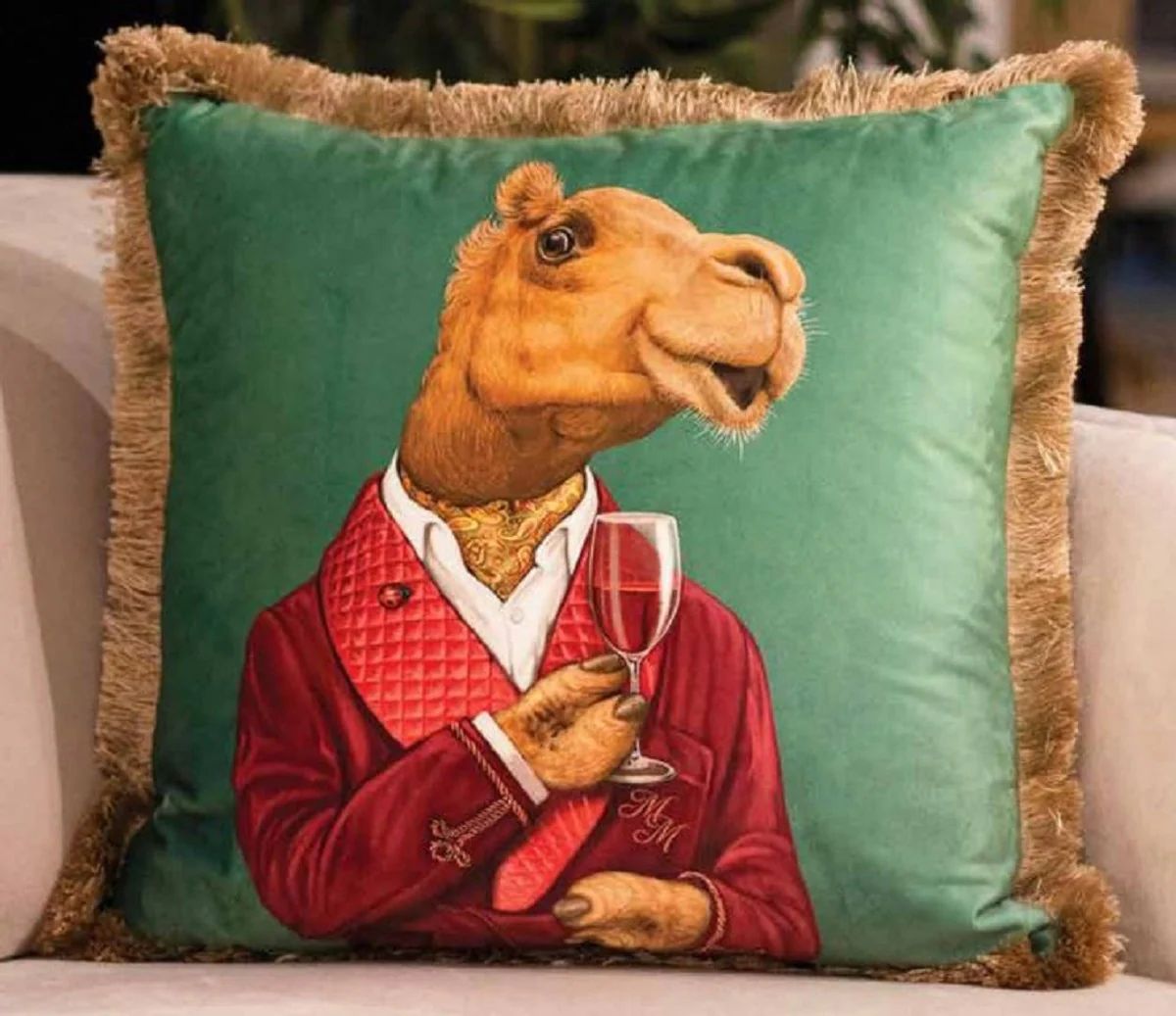 Casa Padrino almohada decorativa de lujo caballero camello verde / multicolor / marrón 45 x 45 cm - Almohada de terciopelo estampada con flecos - Calidad de Lujo