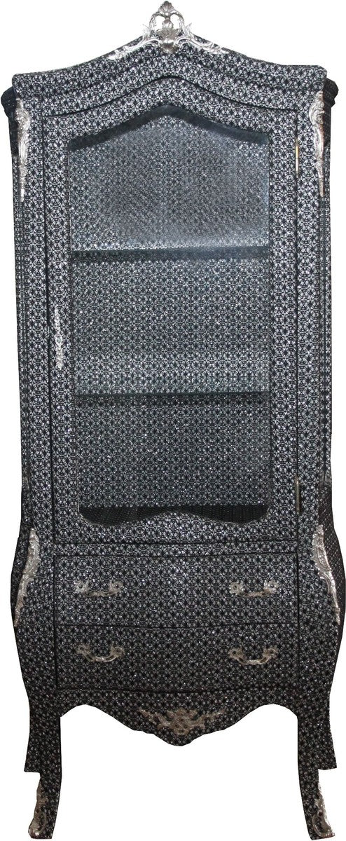 Casa Padrino Baroque display case in black / silver glitter look - display cabinet - living room cabinet